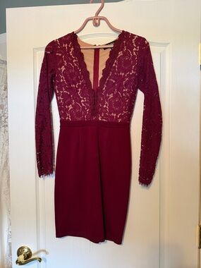 Lulu's Burgundy Lace Long Sleeve V-Neck Dress